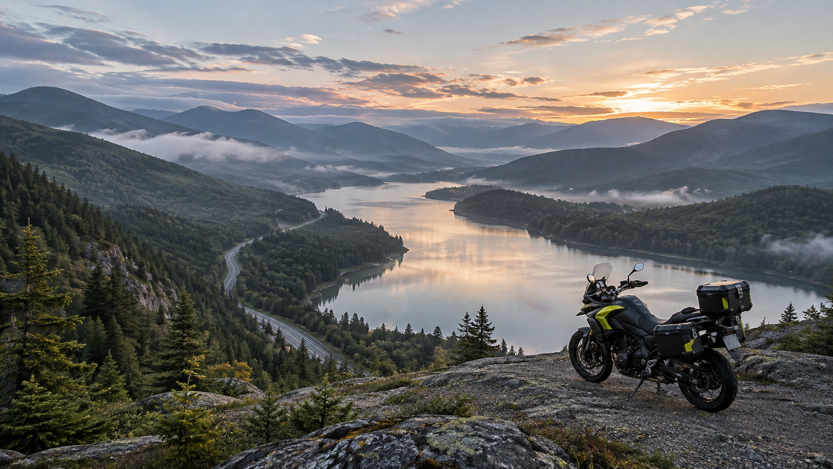 Une moto à l’arrêt devant un lac et une route qui serpente dans les montagnes